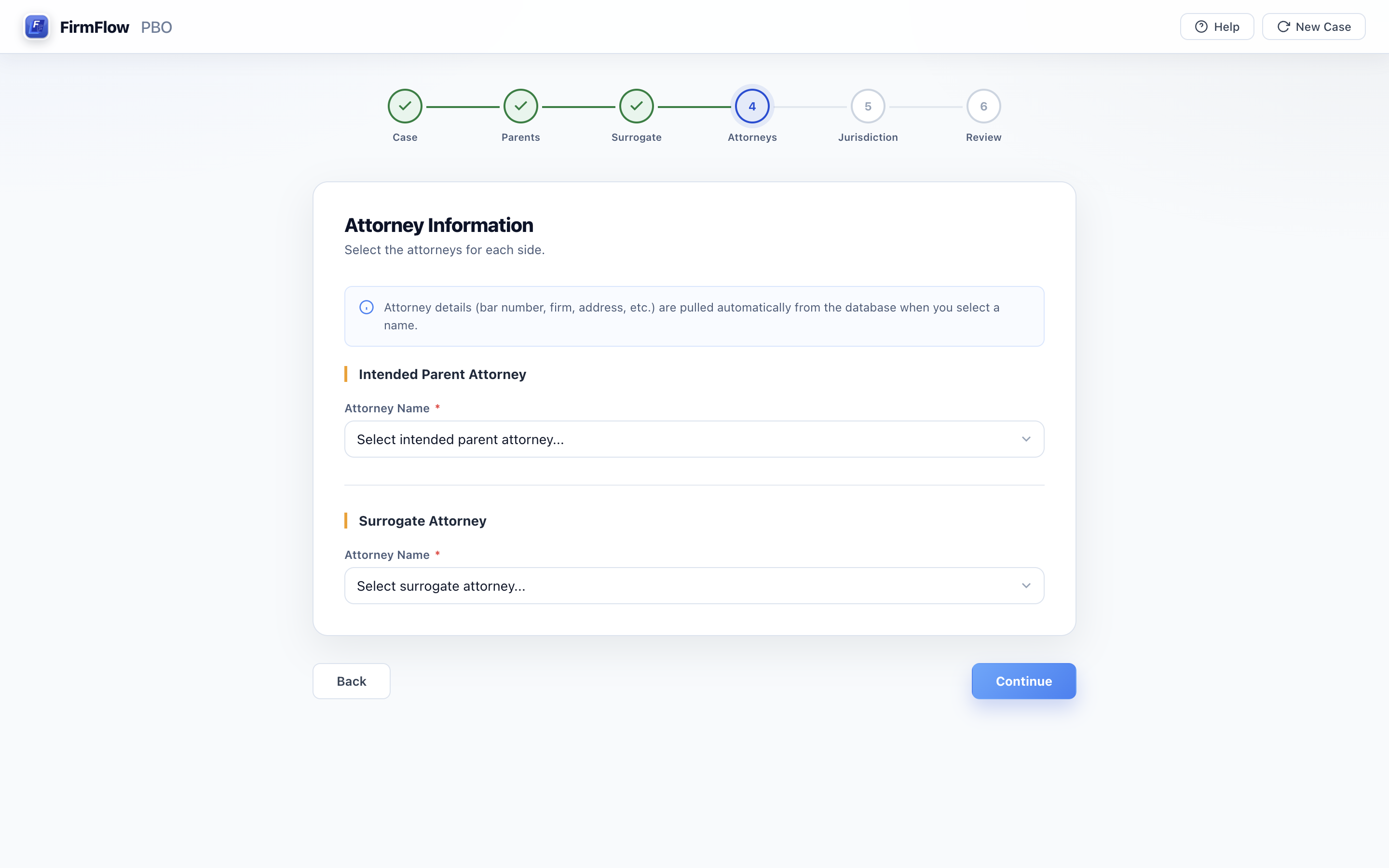 FirmFlow PBO attorney selection screen