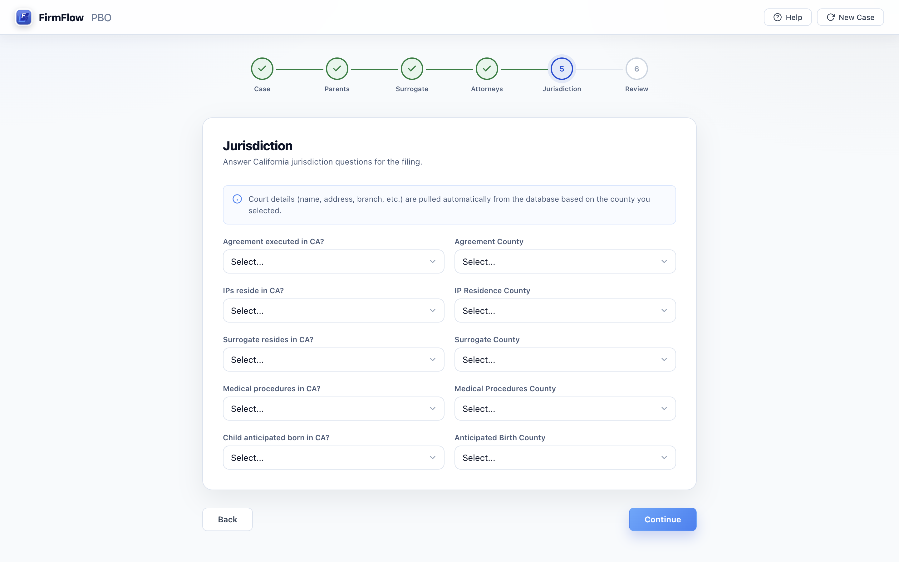 FirmFlow PBO jurisdiction step screen