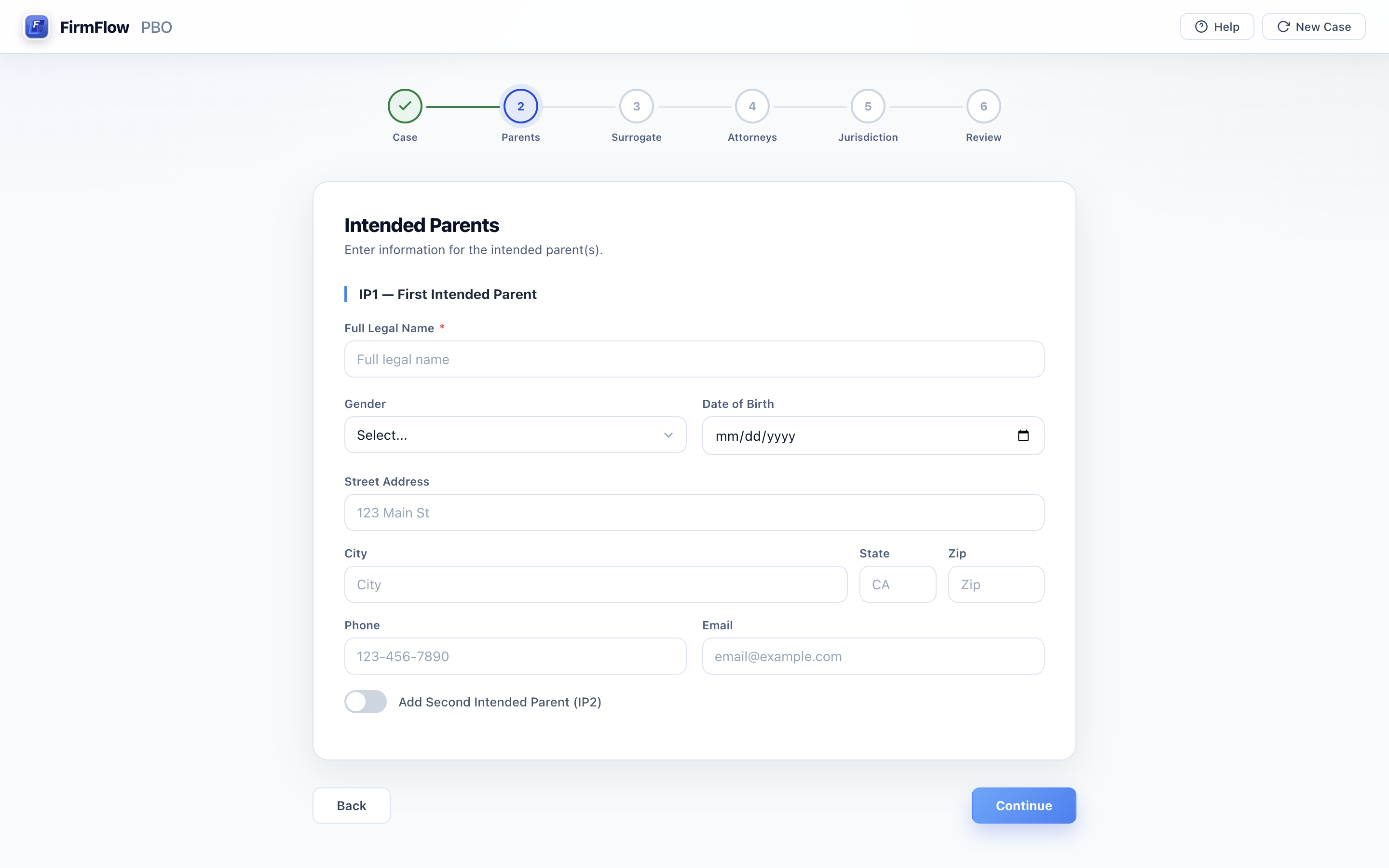 FirmFlow PBO intended parents screen